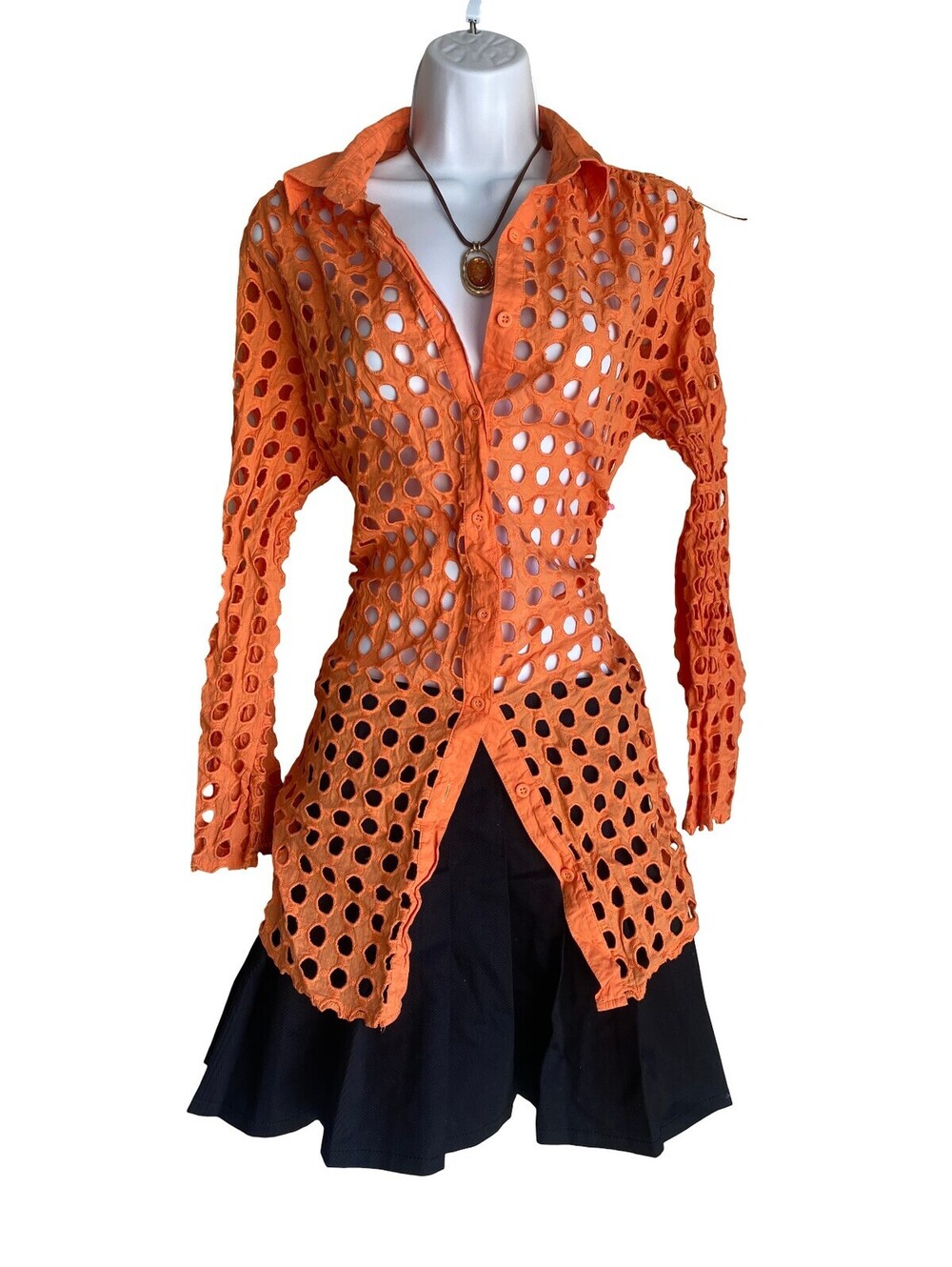 VTG Y2K Adiva Women L Orange Lace Tunic Blouse Button Up Artsy Festival Fall